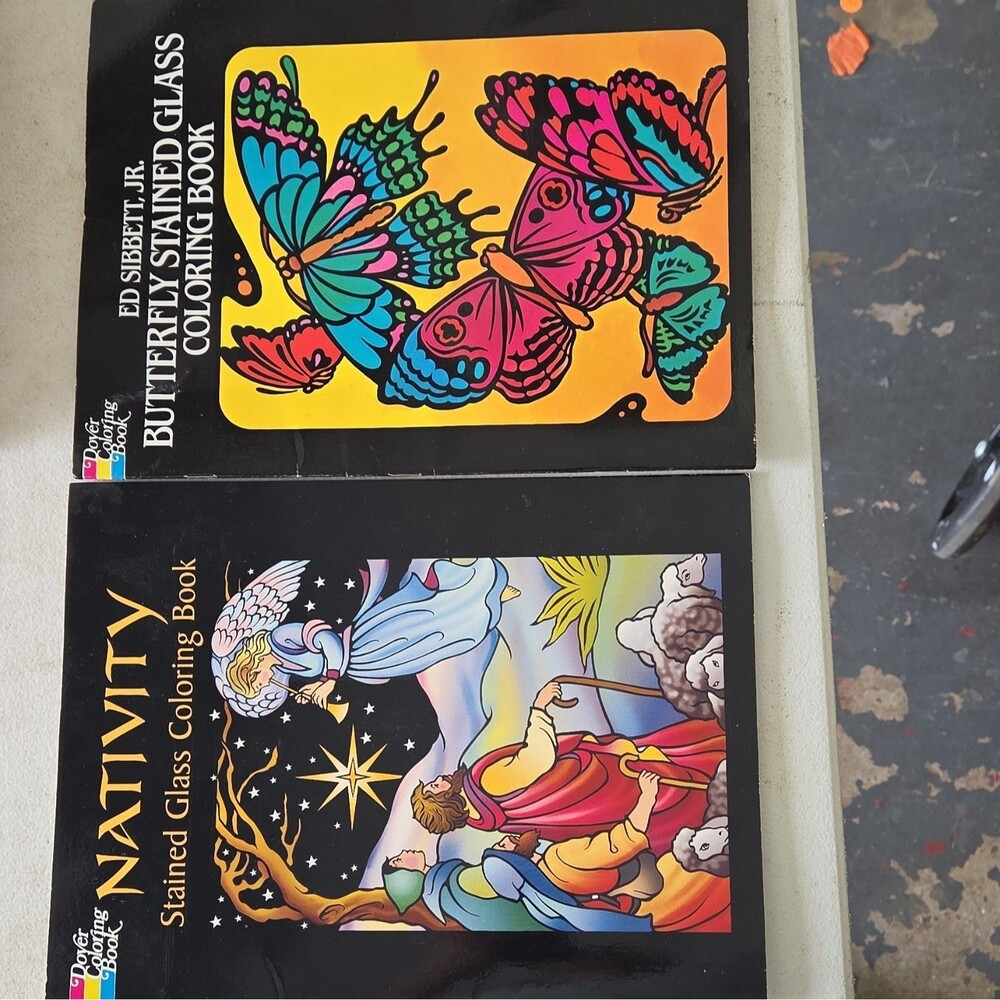 Dover Lot of 2 Stained Glass Coloring Books Nativity & Butterfly